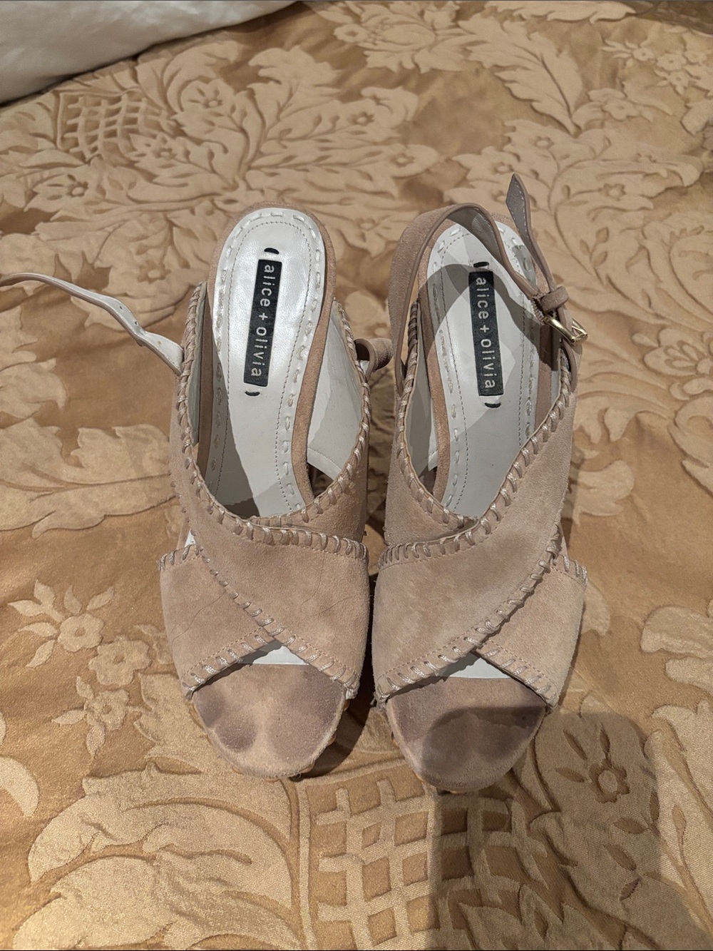 Alice + Olivia Taupe Suede Crisscross Gorgeous Peep-Toe Wedges